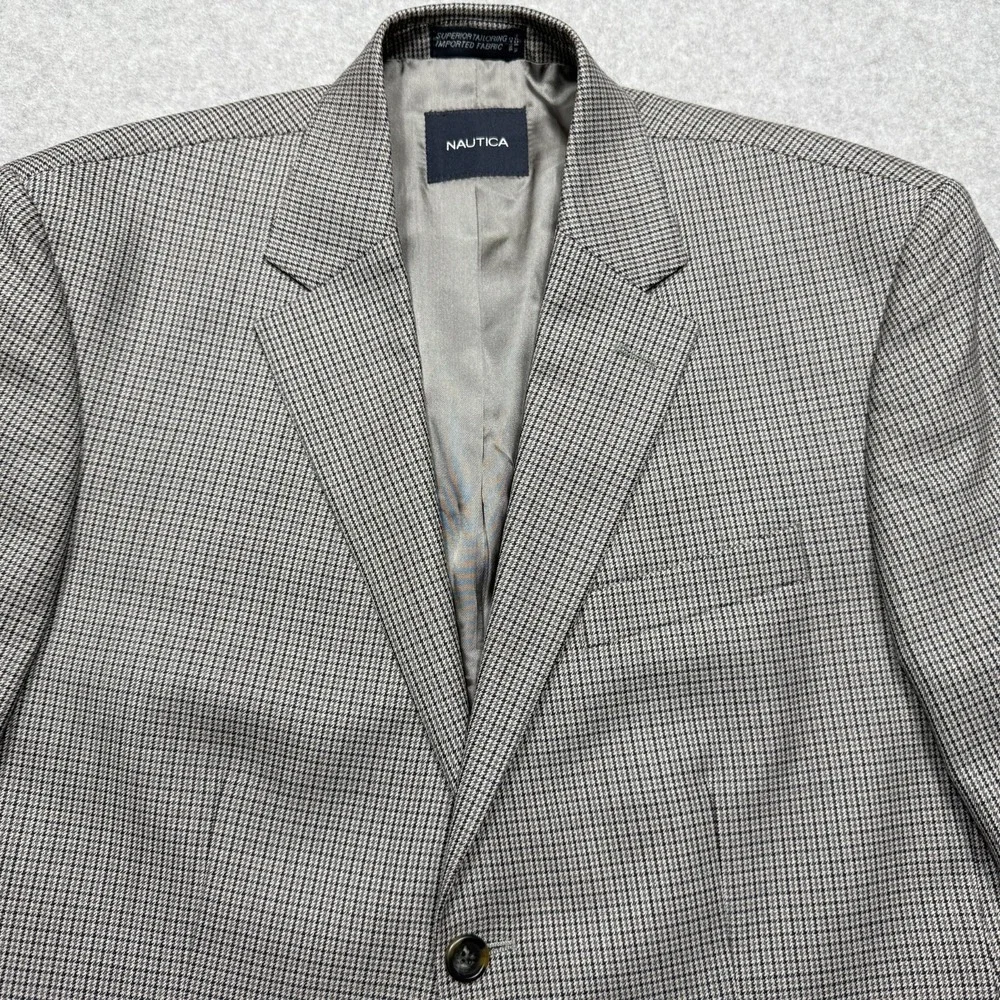 Nautica Blazer Jacket Mens 40S Brown Houndstooth Plaid Wool Sport Coat 2-Button